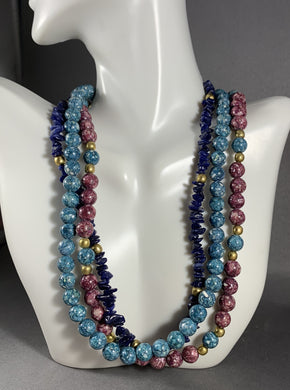 Vintage Necklace 3-Strand Multi Color Stone Beads 16 Inch