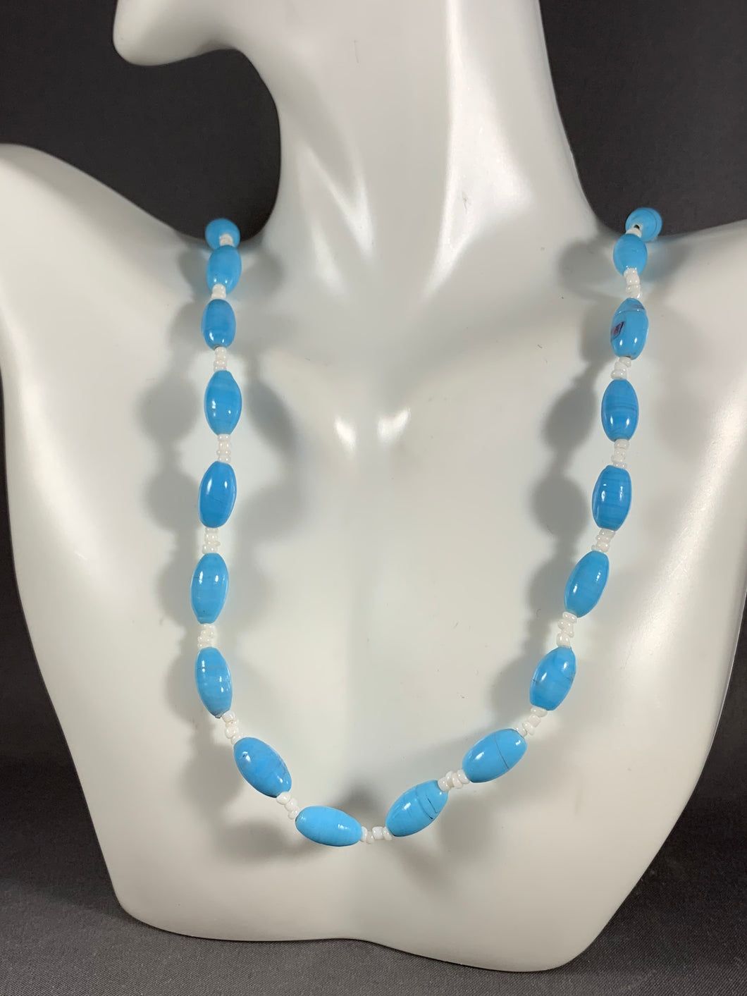 Vintage Necklace Blue Wound Glass Beads 32 Inch