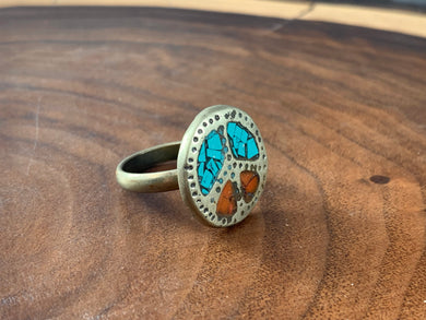 Tibetan Peace Ring Turquoise Coral Inlay Metal Repousse Jewelry Size 7.75