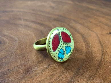 Tibetan Peace Ring Turquoise Coral Inlay Metal Repousse Jewelry Size 5.5