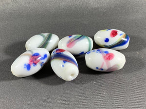6 White Glass Floral Beads Loose